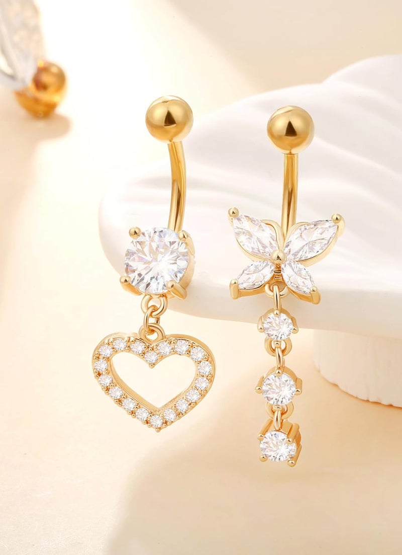 Leocuci Store Surgical Stainless Steel Dangle Belly Button Rings for Women Belly Ring Dangling Piercing Jewelry with Heart Flower Butterfly14G - Image 2